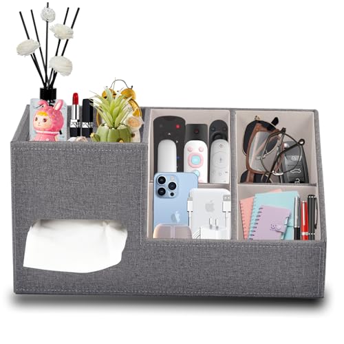Plus Size Tissue Box Cover-Square Linen Tissue Cover with Side Storage and Tray,Modern Makeup Organizer,Leather Tissue Holder Decorative Cube Organizer for Living Room Vanity NightStand Office,Grey