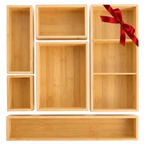 Set of 6 Bamboo Drawer Organizer Storage Box, Adjustable Cutlery Drawer Organizer, Silverware Organizer Multi-Use for Office, Home, Kitchen, Bedroom, Bathroom