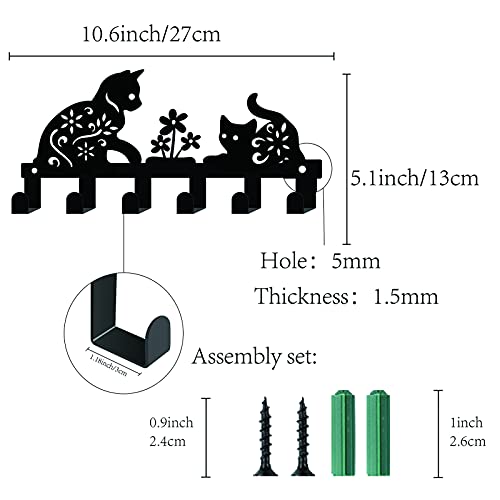 Metal Key Holder Black Key Hooks Wall Mount Hanger Decor Hanging Organizer Rock Decorative with 6 Hooks Cat and Flower Pattern for Front Door Entryway Cabinet Towel 10.6 x 5.1inches - view 2