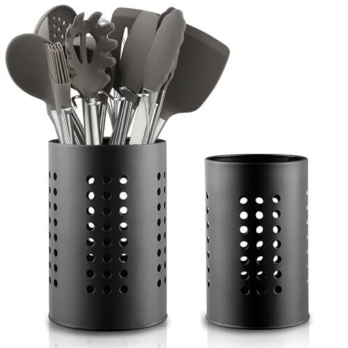 Kitchen Utensils Holder for Counter Top 2 Pieces, Black Stainless Steel Cutlery Holder, Kitchen Essentials Farmhouse Style Home Countertop Organizer
