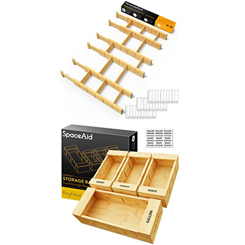 Bamboo Drawer Dividers with Inserts 6 Dividers with 12 Inserts (17-22 in) Bag Storage Organizer for Kitchen Drawer (4 Pack)
