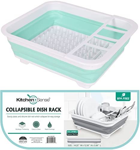 Collapsible Dish Drying Rack - Popup for Easy Storage, Drain Water Directly into The Sink, Room for Eight Large Plates, Sectional Cutlery and Utensil Compartment, Compact (Blue) - view 3