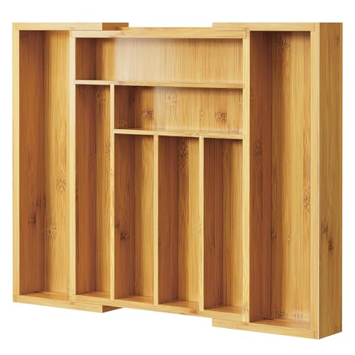 Bamboo Expandable Silverware Drawer Organizer, Adjustable Kitchen Utensil Tray for Forks, Spoons and Knives, Wood Storage Cutlery Holder for Bedroom and Living Room