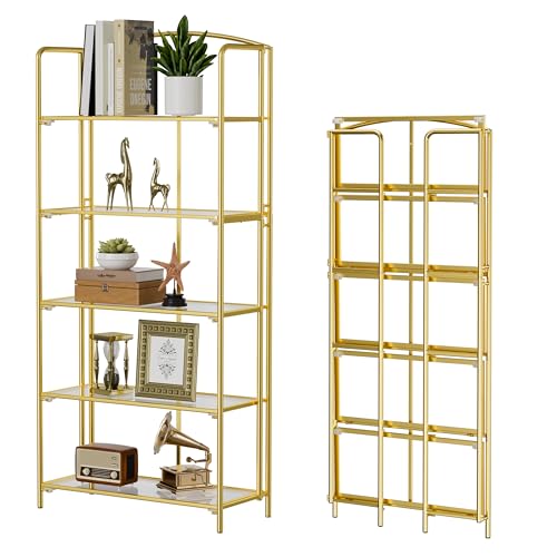 5-Tier Wider Foldable Bookshelf, Gold Frame & Transparent Shelves