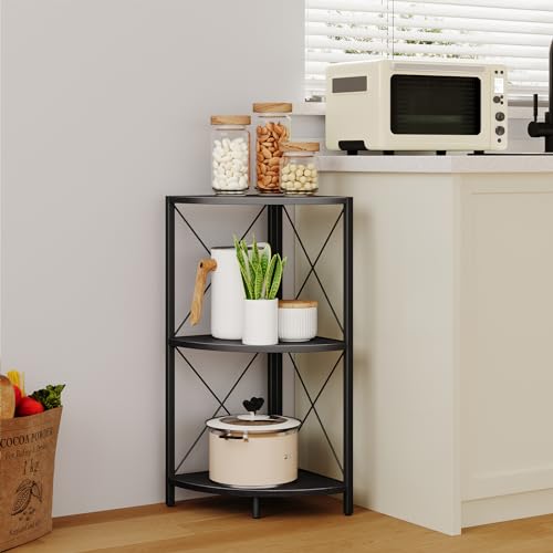 Corner Shelf with Metal Frame, 3 Tier Corner Storage Organizer, Freestanding Corner Bookshelf Stand Display Rack for Kitchen, Living Room, Black - view 4