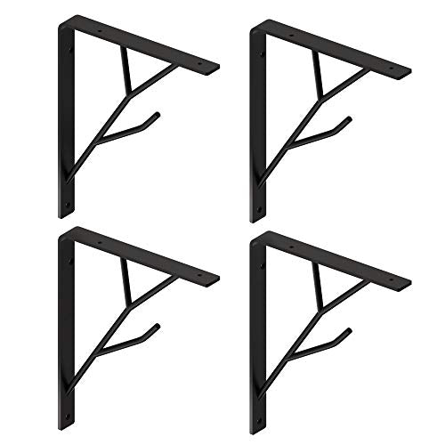 8 Inch Decorative Shelf Brackets, Heavy Duty Floating Shelves, Wall Mount Shelving Bracket, Hardware L Shape Tree Branch Metal Corner Brace Supporter for DIY Open Shelving, 4 Packs Black