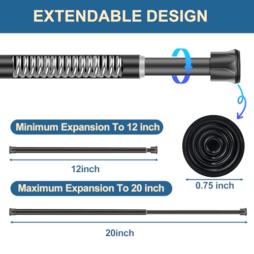 Cupboard Bars Spring Tension Rod, Adjustable 12-20 Inches, No Drilling Small Tension Shower Curtain Rod Ideal for Small Windows, Lockers, Kitchen，Wardrobes,2PC-13TD12-20BLKx2 - view 5