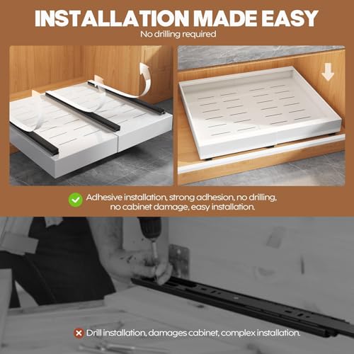 2 Pack Pull Out Cabinet Organizer for Wide Cabinets,Expandable 15.1"-26.3" Width,21" Deep Slide Out Drawers With Raising Pad for Framed Cabinets,3 Slide Rails,No Drill Roll Out Shelves,White - view 6