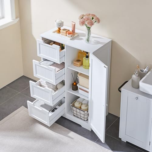 Bathroom Storage Cabinet with 4 Beadboard Drawers and Door, White - view 4