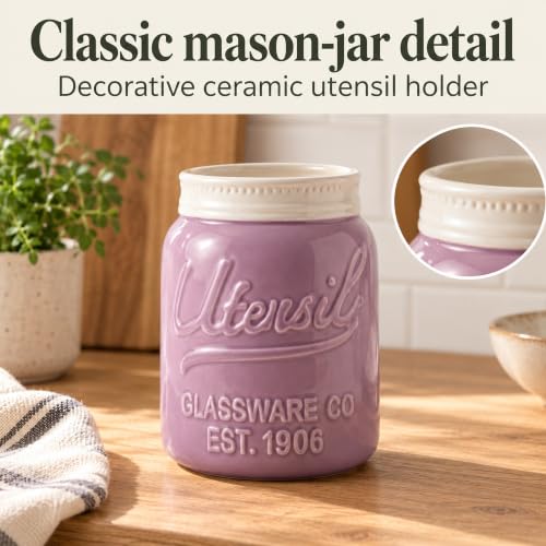 Purple Mason Jar Utensil Holder – Wide Mouth Ceramic – Farmhouse - view 4