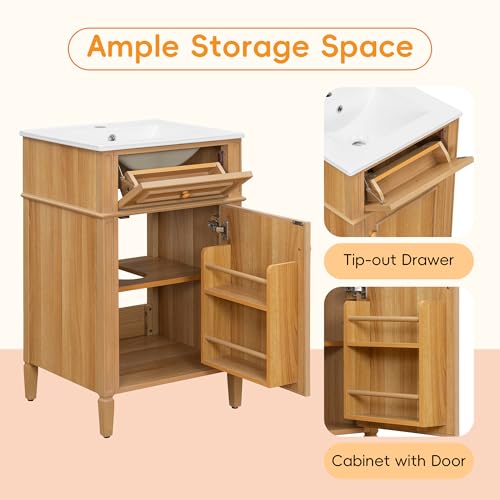 20-inch Bathroom Vanity with Sink Combo, Free-Standing Single Bathroom Storage Cabinet with Tilt-Out Drawer, Adjustable Shelf & Storage Rack, Wood Vanity with Ceramic Basin for Bathroom (Wood) - view 5