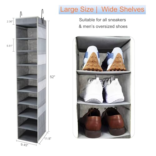 Large-Sized Hanging Shoe Organizer 10-Shelf, Sturdy Hanging Closet Organizer with 8 Side Pockets, Wider Hanging Shelves for Storage Shoes Clothes Jeans Shirts Toys, Grey - view 2