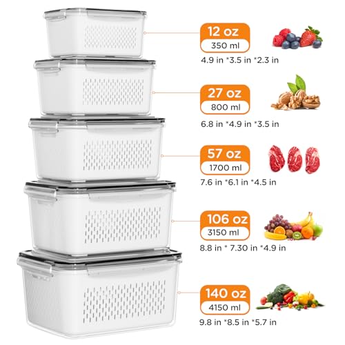 5-Pack Fruit Storage Containers for Fridge with Removable Colanders, 4 in 1 Produce Storage Containers with Lids, Leakproof Fridge Organizer Bins for Salad Berry Lettuce Vegetables Meat Keeper Fresh - view 5