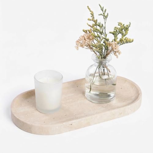 Beige Travertine Vanity Tray | Natural Stone Bathroom Organizer | Perfume & Jewelry Storage for Spa, Bedroom, Kitchen | Non-Slip Waterproof Design,9.8"x4.7"x0.6"