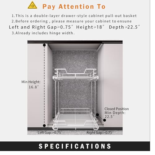 Pull Out Cabinet Organizer 11.5" W x 21" D, 2-Tier Kitchen Cabinet Pullout Shelf and Drawer Organizer Slide Out Pantry Storage Basket, 10.2" W x 21" D x 2.4" H for Bottom Basket Size - view 4