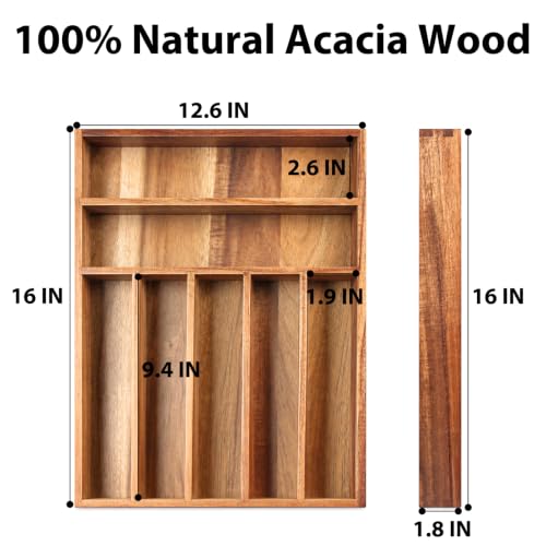 Acacia Wood Silverware Organizer Tray for Drawer, 7 Compartments - view 2