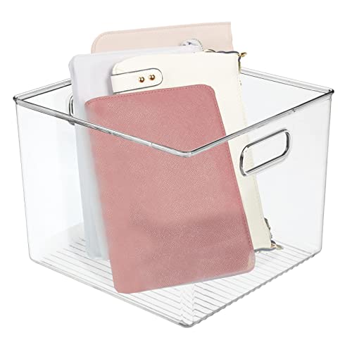 Small Modern Plastic Storage Organizer Bin Basket with Handles for Home Closet Organization - Shelf, Cubby, Cabinet, and Cupboard Organizing Decor - Ligne Collection - 2 Pack - Clear - view 6