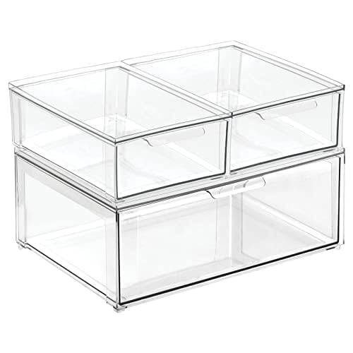 Plastic Stackable Bathroom Storage Organizer Bin Containers with Front Pull Drawer for Bathroom Countertop, Vanity, Closet Shelves - Holder for Accessories, Lumiere Collection, Set of 3, Clear