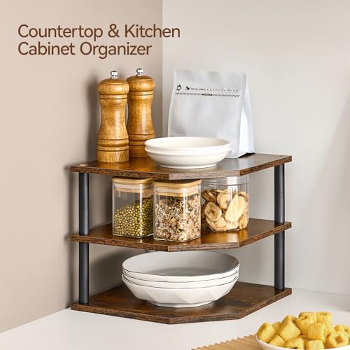 Wooden 3 Tier Corner Shelf, Countertop Storage Organizer for Kitchen Cabinets and Desk, Plates, Dishes, Bread and Small Space Decor, Adjustable - view 4