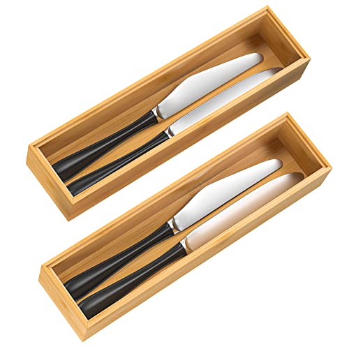 Silverware Tray for Drawer, Stackable Kitchen Bamboo Drawer Organizer 12" x 3" x 2" Set of 2