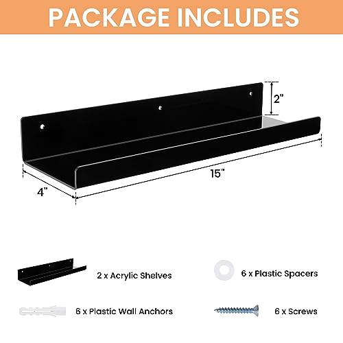 2 Pcs 15" Acrylic Shelves for Wall Organize and Display, Black - view 3
