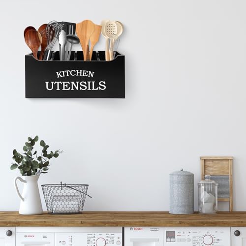Utensil Holder for Kitchen Counter, Wood Extra Large 4 Compartments Kitchen Utensil Holder with Drainage Bottom for Countertop, Farmhouse Cooking Tools Organizer for Spatula, Black - view 3