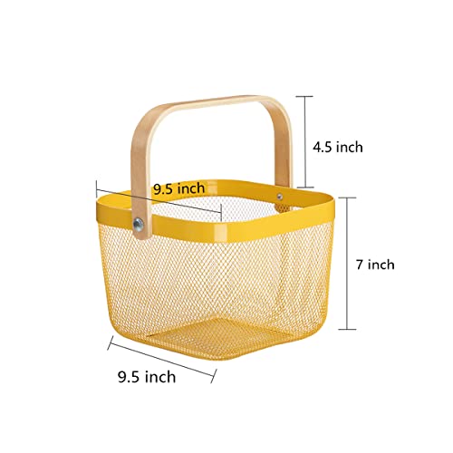 Mesh Steel Storage Organizer Basket Fruit Basket Bin with Wood Handle Ideal for Kitchen Bathroom Picnic Baskets Pantry Cabinets Storage Home Decor (Lemon Yellow) - view 5