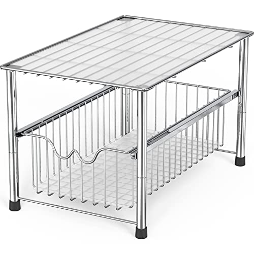 Stackable Under Sink Organizer with Sliding Basket, Chrome