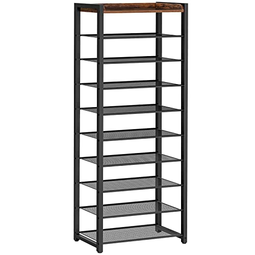 10 Tier Shoe Rack, Large Capacity Shoe Storage for 18-20 Pairs, Sturdy Metal Shoe Shelf for Closet Entryway, Space Saving Shoe Organizer for Sneakers Heels, Rustic Brown BF40XJ01