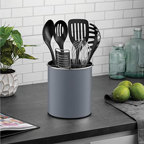 Rotating Utensil Crock with Weighted Base for Stability, Stainless Steel Utensil Caddy with Removable Divider, Modern Lava Gray - view 2