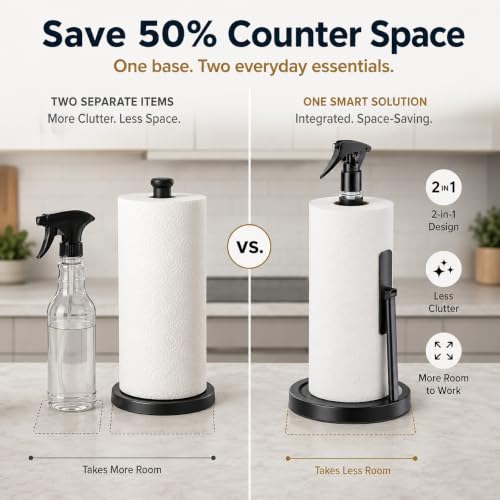 Paper Towel Holder with Spray Bottle Holder, One-Hand Tear Design, Black - view 3