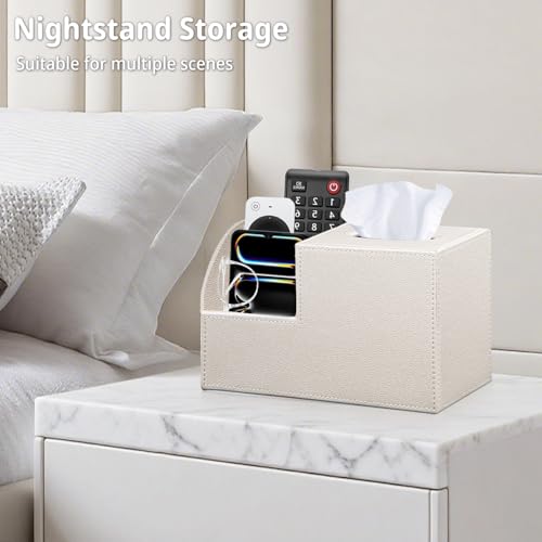 Square Tissue Box Cover with Storage, PU Leather Facial Cube Tissue Holder.TV Remote Control Holder, Desk Accessories Nightstand Organizer, Modern Table Caddy for Bathroom, Bedroom, Home, Office Decor - view 6