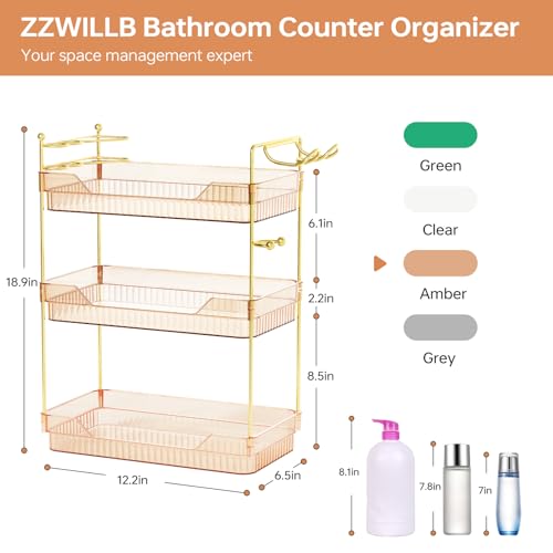 3-Tier Bathroom Countertop Organizer - Amber Acrylic Vanity Trays with Hair Dryer & Toothbrush Holder - Luxury Skincare, Perfume & Makeup Storage Rack for Countertop, Dresser & Cabinet - view 2
