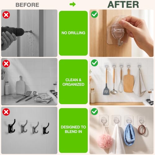 Clear Adhesive Wall Hooks Heavy Duty Hanging Sticky-20 Pack,15Lbs+ - view 3