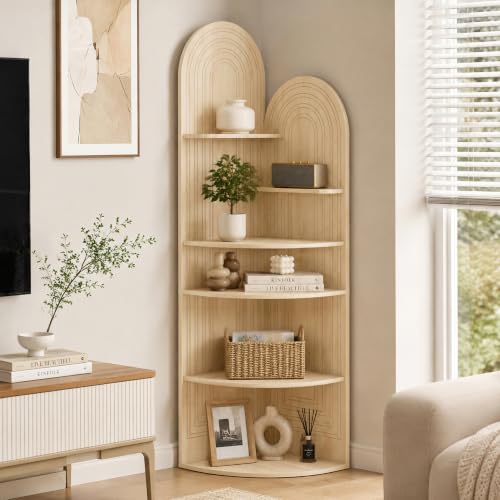 6 Tier Corner Shelf, 60.2" Arched Display Corner Bookshelf, Oak