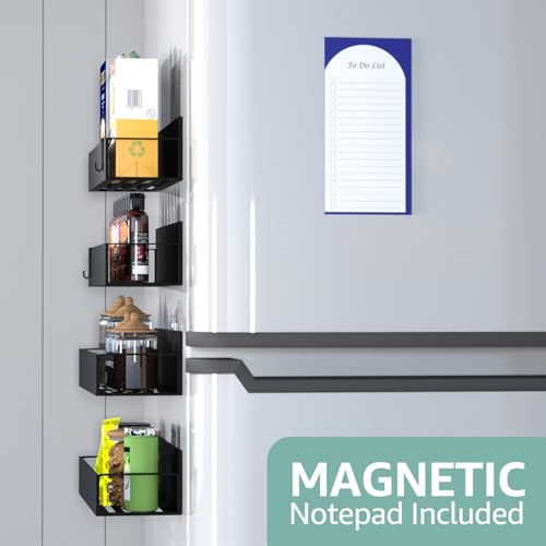 Metal Magnetic Spice Rack for Refrigerator – 4 Pack Strong Magnet Organizer Shelves with Notepad – Black Heavy-Duty Spice Storage for Kitchen, Pantry, Laundry, Apartment, RV - view 2