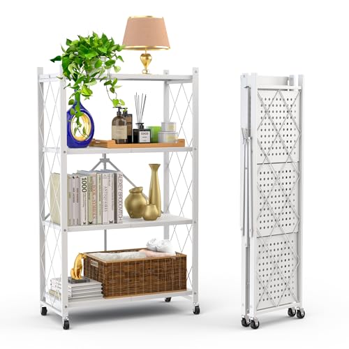 4-Tier Foldable Storage Shelf with Wheels | Metal Rack Collapsible Shelving Display | Rolling Cart for Books Kitchen Storage Shelves | Pantry & Closet Organizer | Office Room Decor