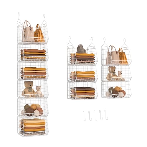 6 Tier Closet Hanging Organizer, Clothes Hanging Shelves with 4 Hanging Hooks 5 S Hooks, Wire Storage Basket Bins, for Clothing Sweaters Shoes Handbags Clutches Accessories Patent