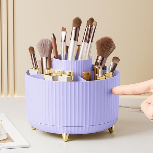 Makeup Brush Holder Organizer,360° Rotating Makeup Brush Organizer,5 Slot Make up Brushes Cup for Cosmetics, Nail Polish, Art Supply, Bathroom Vanity Desktop Organizer - Purple