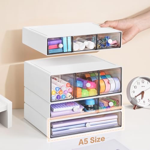 Desk Storage Organizer with 9 Drawers, 4 Tiers Stackable Desktop Craft Storage Drawers, Clear Storage Box Caddy for Stationary Makeup Jewelry Office Craft Supplies (White) - view 2
