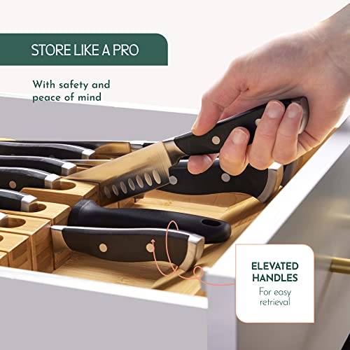 High-Grade 100% Bamboo Knife Drawer Organizer - 12 Slots Plus Sharpener, Secure, Practical, Eco-Friendly Knife Block - view 7