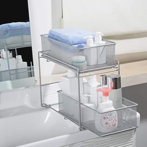 2 Tier Sliding Basket Stackable Cabinet Pull-Out Drawer Mesh Organizer for Kitchen Under Sink Storage (Silver) - view 7