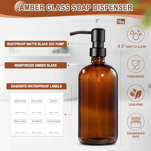 Kitchen Soap Dispenser Set with Wood Riser Tray, Amber Glass Soap Dispenser with Stainless Steel Pump, Hand and Dish Soap Dispenser Set for Kitchen, Soap and Lotion Dispenser Bathroom Decor(Amber) - view 3