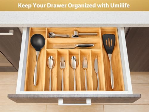 Large Expandable Kitchen Silverware Utensils Drawer Organizer, 2.5" Extra High Adjustable Drawer Divider with Curved Grooves, Bamboo Wood Cutlery Tray Flatware Holder - view 6