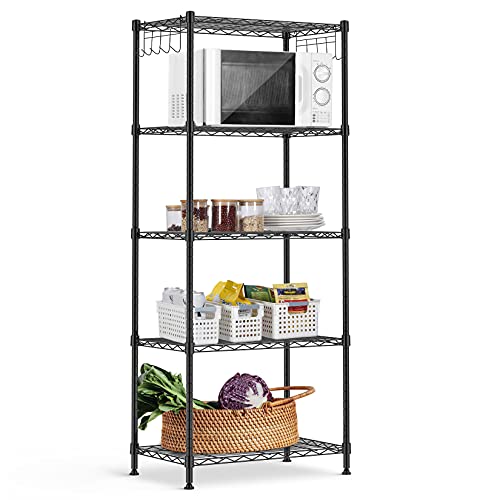 5-Shelf Shelving Storage Unit Multipurpose Heavy Duty Metal Pantry Storage Shelves Wire Rack with Leveling Feet and Hooks Adjustable Shelves for Bathroom Kitchen Garage (23.2Lx13.4Wx59.1H)