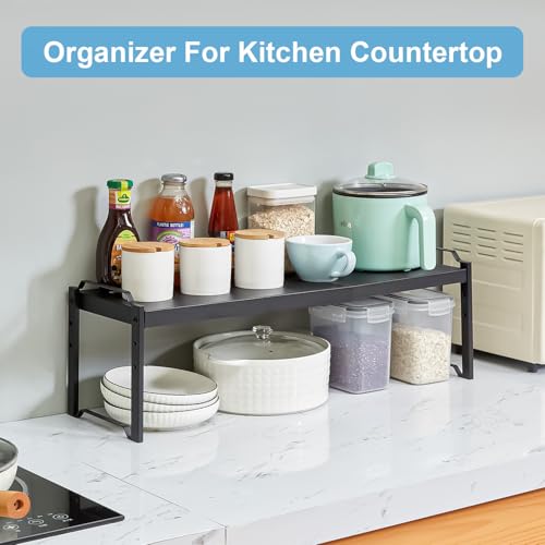 25.5 Inches 2 Pack Expandable Cabinet Shelves, Stackable Shelf Organizer for Kitchen Cabinet Countertop Storage, Adjustable Counter Cupboard Pantry Organizer Shelf Rack Stand Riser, Black - view 6