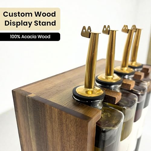 The Oil Library | Glass Oil & Vinegar Bottles with 100% Acacia Wood Stand | 4 Containers, 5 Gold Nozzles & 35 Stain-Resistant Labels | Countertop Display Set - view 2