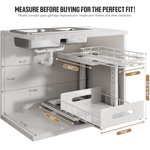 Under Sink Organizer Upgrade To Professional Rails,2-Tier Dual Pull Out Cabinet Storage,Height Adjustable Slide Out Drawers For Bathroom Kitchen,2 Pack-14.5" Dx12.8-16.9" H,White - view 2