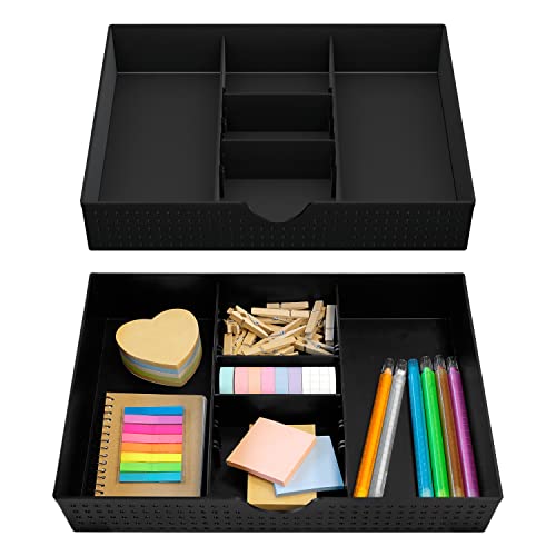 2 Pack 3 Slot Drawer Organizer with Two Adjustable Dividers - Junk Drawer Storage for Office Desk Supplies and Accessories, Black (2 Pack)