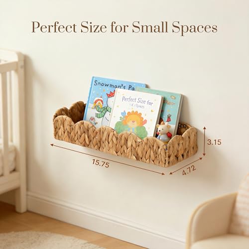 2 Pack Nursery Book Shelves, Scalloped Water Hyacinth Book Shelf for Kids Rooms, Handwoven Floating Book Shelves for Wall, 15.8” Wicker Hanging Bookshelf for Books, Toys, Photo Frames, Nursery decor - view 3